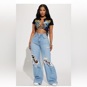 Fashion Nova Not A Chance Ripped Non Stretch Wide Leg - Light Wash